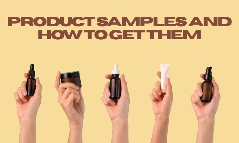 Five hands holding up skincare and cosmetic samples, with the caption