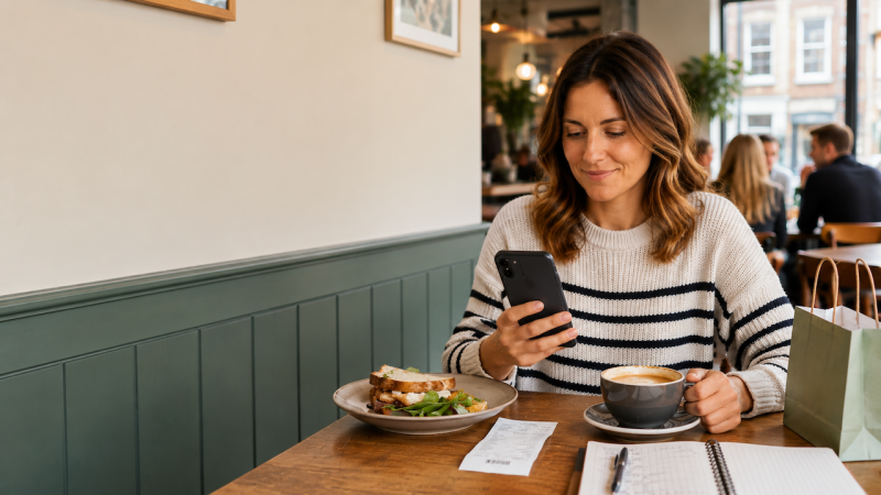 Woman looking at phone in cafe
