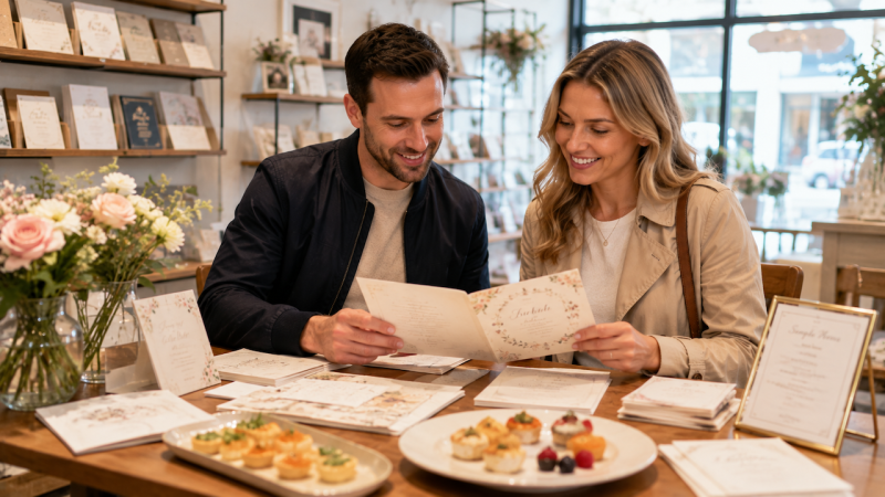 Couple looking at invitation samples