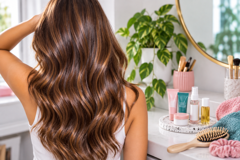 Woman showing off hair in bathroom