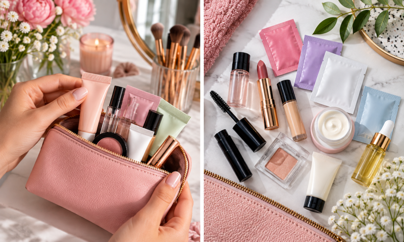 Two side by side images of makeup products